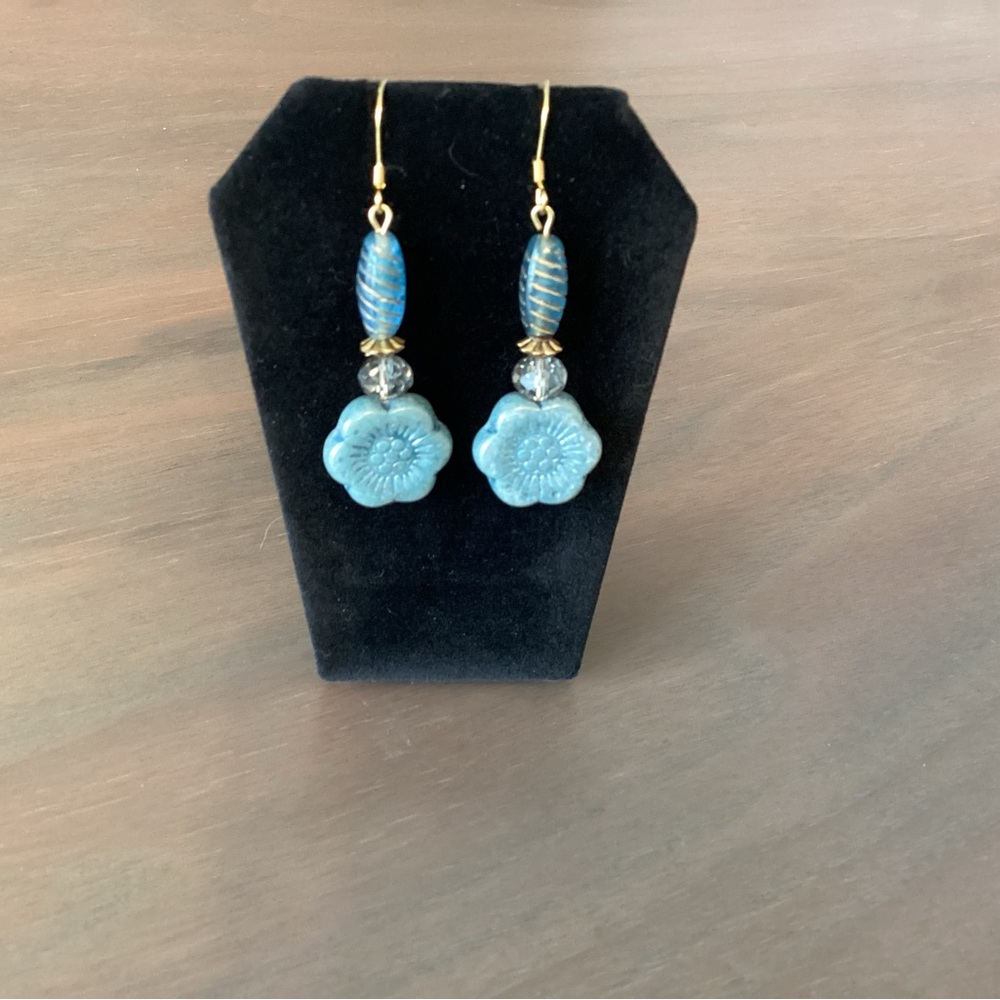 New Dangling Earrings: Handcrafted Czech Flowered Glass Beads in Blue & Gold.